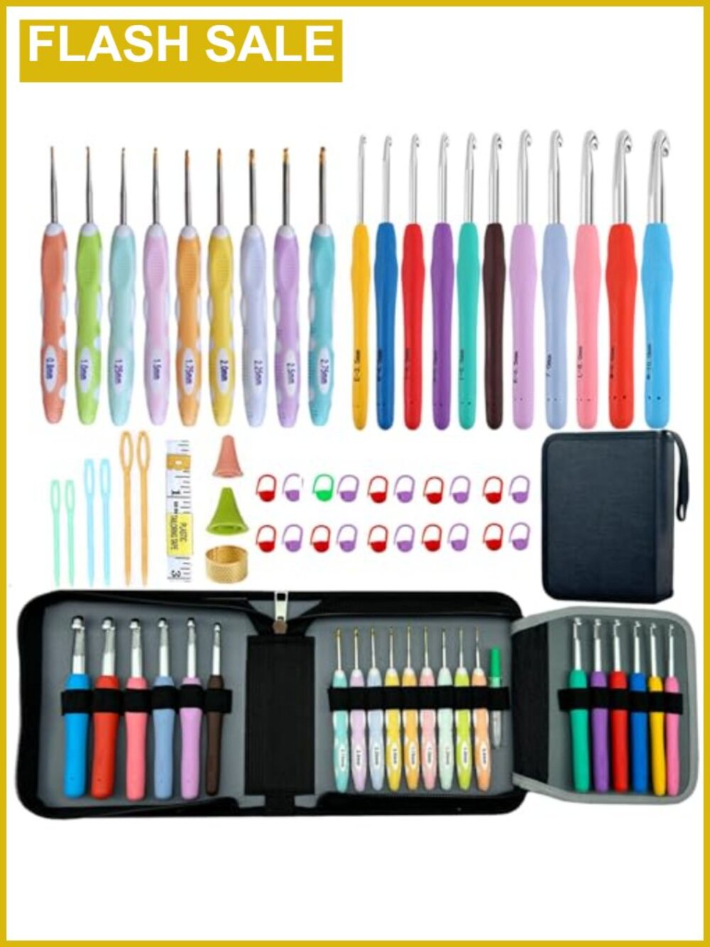 21-Piece Ergonomic Crochet Hook Set with Case Aluminum Rubber 0.8mm-10mm